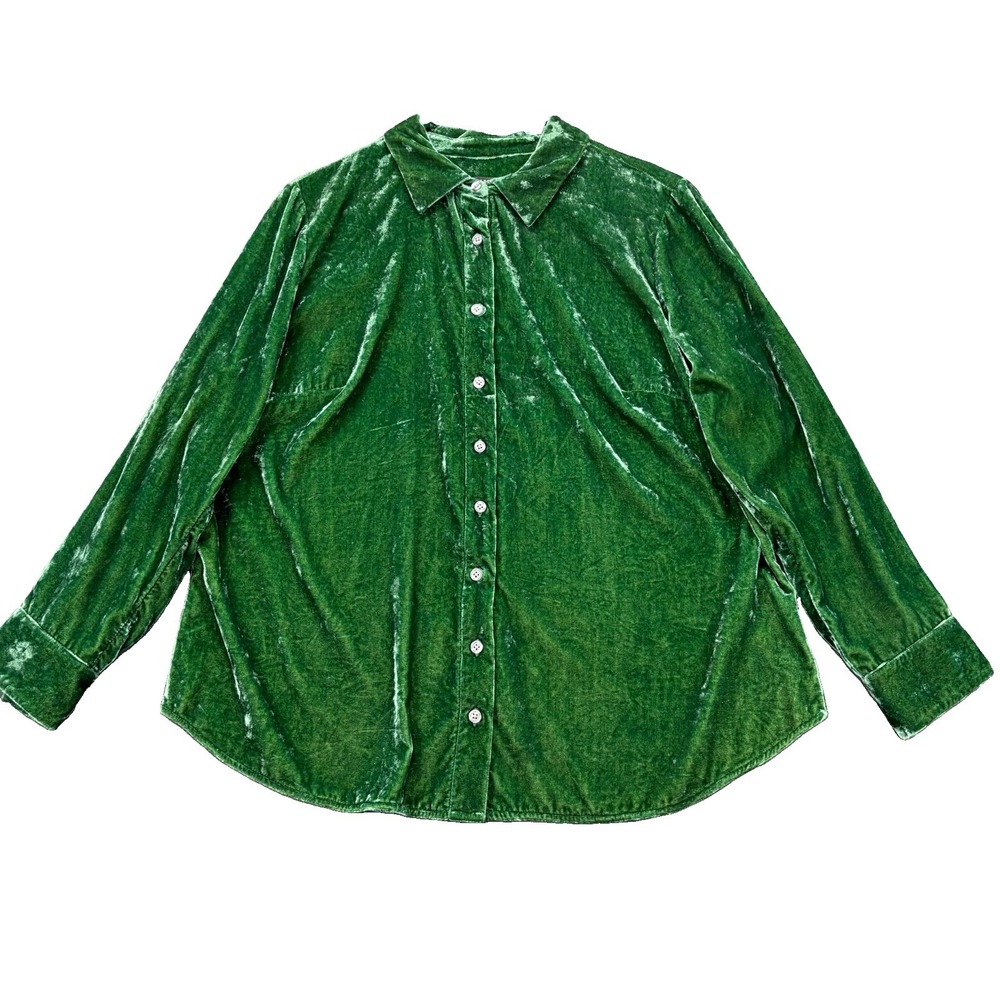 Talbots Effortless Velvet Top Women's 1XP Green Button Front Long Sleeve Luxury